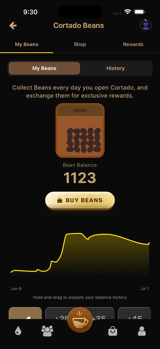 The Cortado Beans screen showing a bean balance and the Buy Beans button
